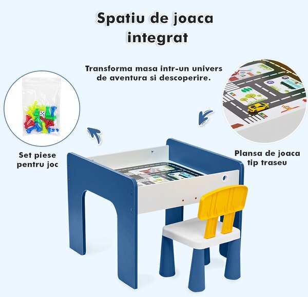 Măsuță multifuncțională pentru copii, folosita la activitati creative, construit modular cu blocuri, depozitare, desenat, colorat, din lemn mdf, scaun inclus, 57x57x45, 3-6 ani, onuvio® - albas