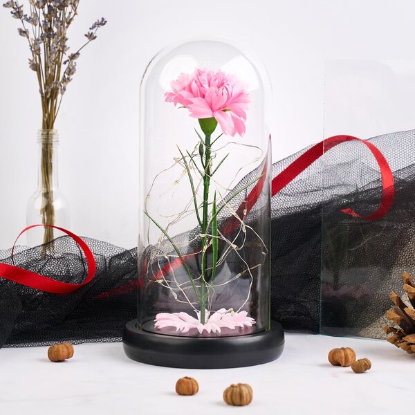 Garoafa artificiala, sub cupola de sticla, onuvio®, cu lumini led, si baza abs, realizat manual, 20cm x 9cm - roz