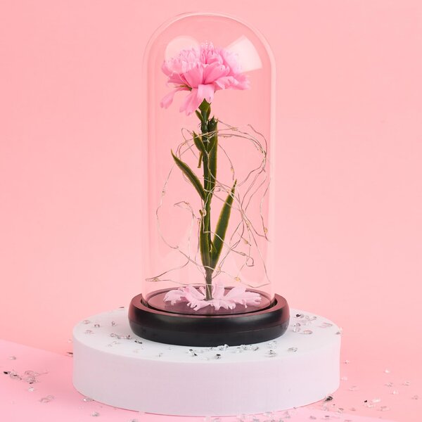 Garoafa artificiala, sub cupola de sticla, onuvio®, cu lumini led, si baza abs, realizat manual, 20cm x 9cm - roz