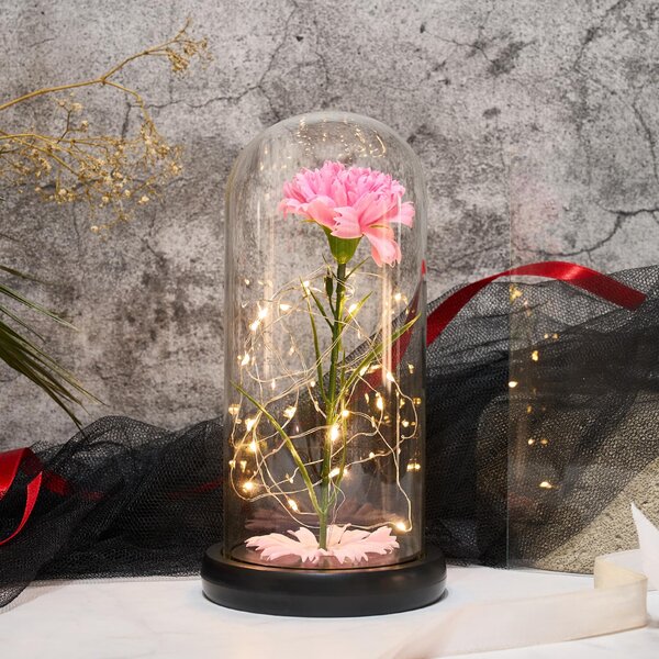 Garoafa artificiala, sub cupola de sticla, onuvio®, cu lumini led, si baza abs, realizat manual, 20cm x 9cm - roz