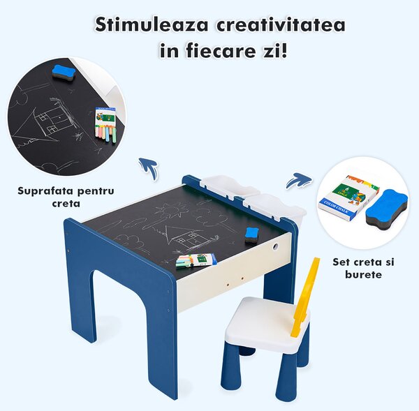 Măsuță multifuncțională pentru copii, folosita la activitati creative, construit modular cu blocuri, depozitare, desenat, colorat, din lemn mdf, scaun inclus, 57x57x45, 3-6 ani, onuvio® - albas