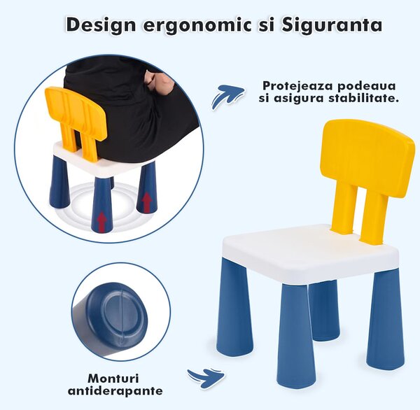Măsuță multifuncțională pentru copii, folosita la activitati creative, construit modular cu blocuri, depozitare, desenat, colorat, din lemn mdf, scaun inclus, 57x57x45, 3-6 ani, onuvio® - galbe