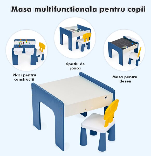 Măsuță multifuncțională pentru copii, folosita la activitati creative, construit modular cu blocuri, depozitare, desenat, colorat, din lemn mdf, scaun inclus, 57x57x45, 3-6 ani, onuvio® - albas