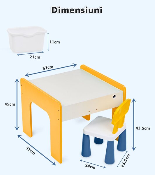 Măsuță multifuncțională pentru copii, folosita la activitati creative, construit modular cu blocuri, depozitare, desenat, colorat, din lemn mdf, scaun inclus, 57x57x45, 3-6 ani, onuvio® - galbe
