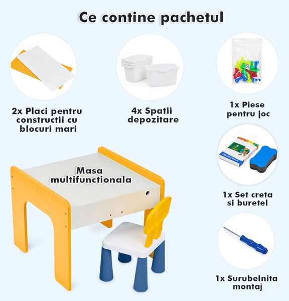 Măsuță multifuncțională pentru copii, folosita la activitati creative, construit modular cu blocuri, depozitare, desenat, colorat, din lemn mdf, scaun inclus, 57x57x45, 3-6 ani, onuvio® - galbe