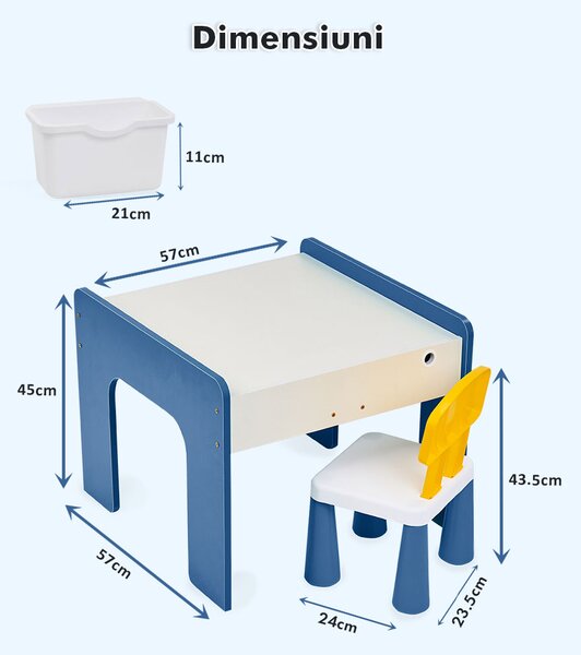 Măsuță multifuncțională pentru copii, folosita la activitati creative, construit modular cu blocuri, depozitare, desenat, colorat, din lemn mdf, scaun inclus, 57x57x45, 3-6 ani, onuvio® - albas