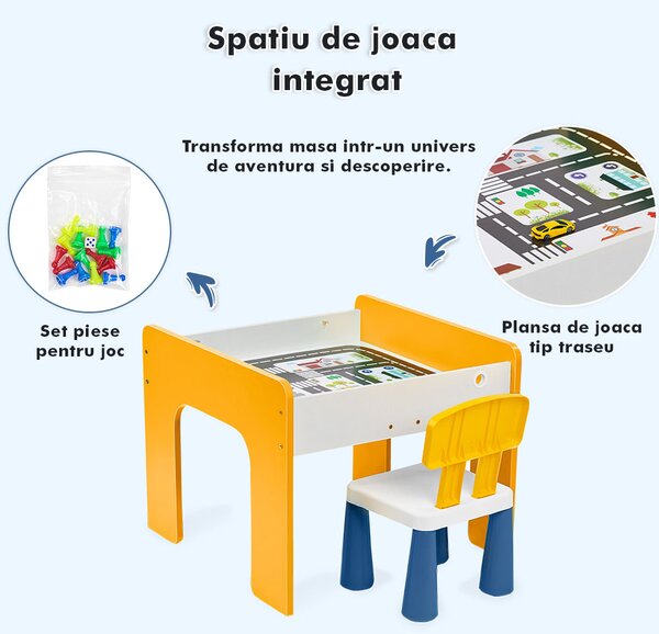 Măsuță multifuncțională pentru copii, folosita la activitati creative, construit modular cu blocuri, depozitare, desenat, colorat, din lemn mdf, scaun inclus, 57x57x45, 3-6 ani, onuvio® - galbe