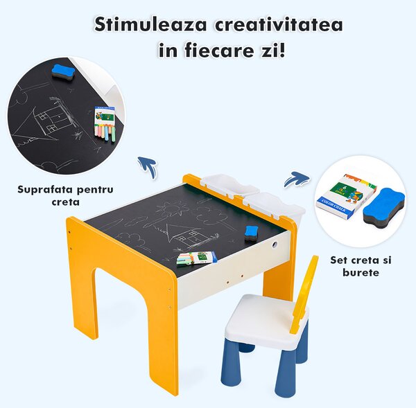 Măsuță multifuncțională pentru copii, folosita la activitati creative, construit modular cu blocuri, depozitare, desenat, colorat, din lemn mdf, scaun inclus, 57x57x45, 3-6 ani, onuvio® - galbe