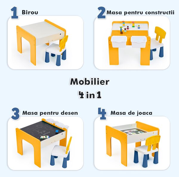 Măsuță multifuncțională pentru copii, folosita la activitati creative, construit modular cu blocuri, depozitare, desenat, colorat, din lemn mdf, scaun inclus, 57x57x45, 3-6 ani, onuvio® - galbe