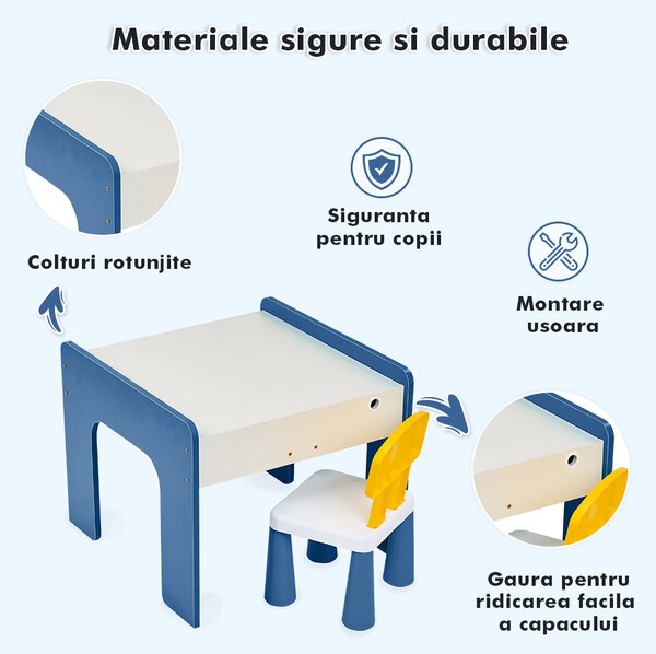 Măsuță multifuncțională pentru copii, folosita la activitati creative, construit modular cu blocuri, depozitare, desenat, colorat, din lemn mdf, scaun inclus, 57x57x45, 3-6 ani, onuvio® - albas