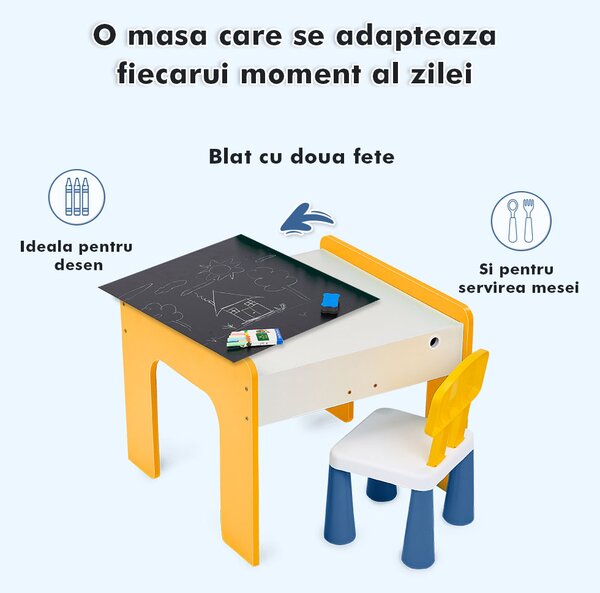 Măsuță multifuncțională pentru copii, folosita la activitati creative, construit modular cu blocuri, depozitare, desenat, colorat, din lemn mdf, scaun inclus, 57x57x45, 3-6 ani, onuvio® - galbe