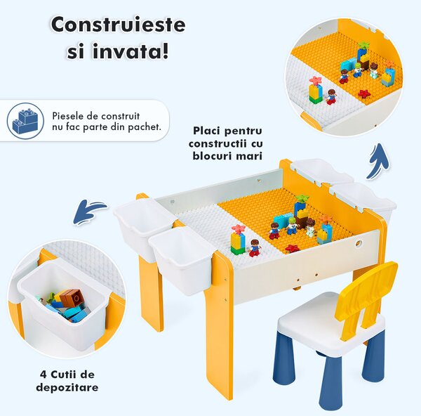 Măsuță multifuncțională pentru copii, folosita la activitati creative, construit modular cu blocuri, depozitare, desenat, colorat, din lemn mdf, scaun inclus, 57x57x45, 3-6 ani, onuvio® - galbe