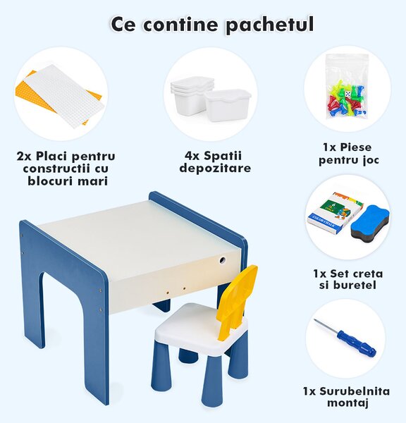 Măsuță multifuncțională pentru copii, folosita la activitati creative, construit modular cu blocuri, depozitare, desenat, colorat, din lemn mdf, scaun inclus, 57x57x45, 3-6 ani, onuvio® - albas