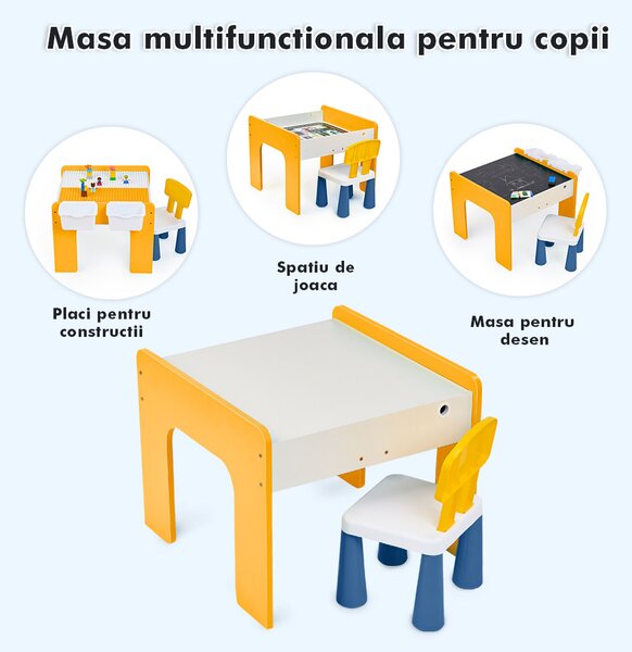 Măsuță multifuncțională pentru copii, folosita la activitati creative, construit modular cu blocuri, depozitare, desenat, colorat, din lemn mdf, scaun inclus, 57x57x45, 3-6 ani, onuvio® - galbe