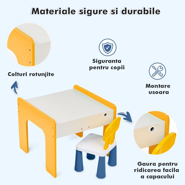Măsuță multifuncțională pentru copii, folosita la activitati creative, construit modular cu blocuri, depozitare, desenat, colorat, din lemn mdf, scaun inclus, 57x57x45, 3-6 ani, onuvio® - galbe