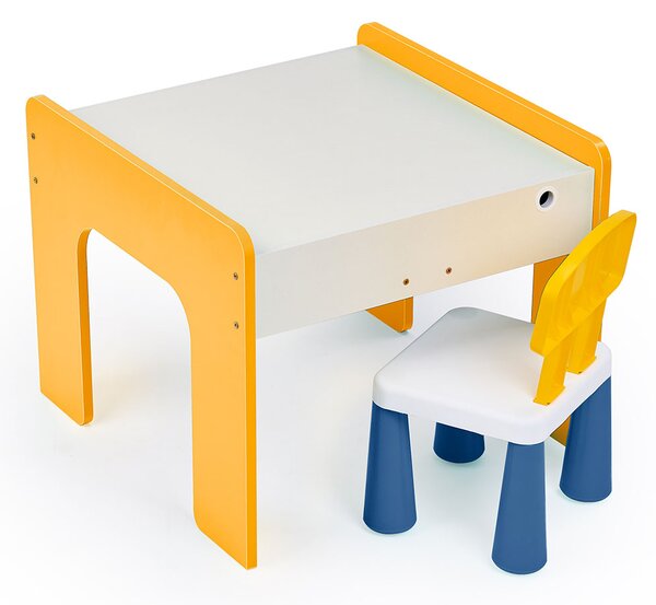 Măsuță multifuncțională pentru copii, folosita la activitati creative, construit modular cu blocuri, depozitare, desenat, colorat, din lemn mdf, scaun inclus, 57x57x45, 3-6 ani, onuvio® - galbe
