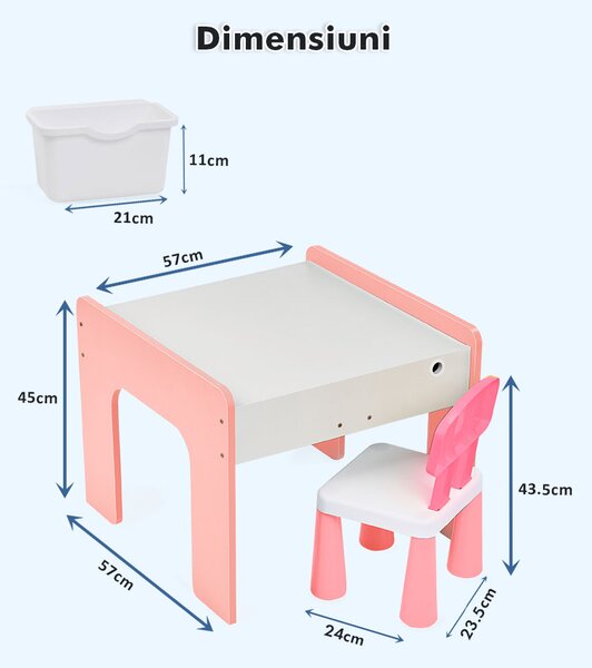 Măsuță multifuncțională pentru copii, folosita la activitati creative, construit modular cu blocuri, depozitare, desenat, colorat, din lemn mdf, scaun inclus, 57x57x45, 3-6 ani, onuvio® - roz