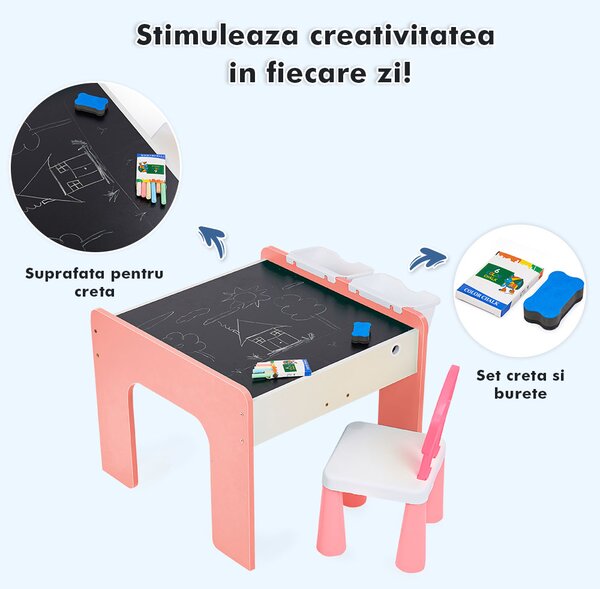 Măsuță multifuncțională pentru copii, folosita la activitati creative, construit modular cu blocuri, depozitare, desenat, colorat, din lemn mdf, scaun inclus, 57x57x45, 3-6 ani, onuvio® - roz