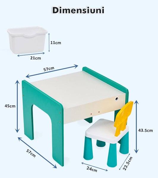 Măsuță multifuncțională pentru copii, folosita la activitati creative, construit modular cu blocuri, depozitare, desenat, colorat, din lemn mdf, scaun inclus, 57x57x45, 3-6 ani, onuvio® - verde