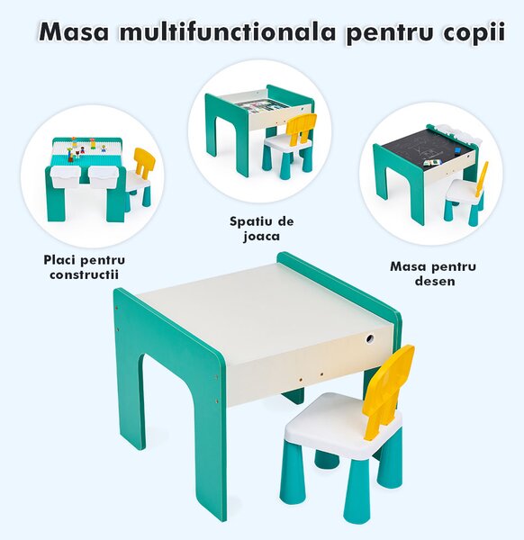 Măsuță multifuncțională pentru copii, folosita la activitati creative, construit modular cu blocuri, depozitare, desenat, colorat, din lemn mdf, scaun inclus, 57x57x45, 3-6 ani, onuvio® - verde