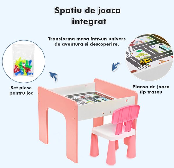 Măsuță multifuncțională pentru copii, folosita la activitati creative, construit modular cu blocuri, depozitare, desenat, colorat, din lemn mdf, scaun inclus, 57x57x45, 3-6 ani, onuvio® - roz