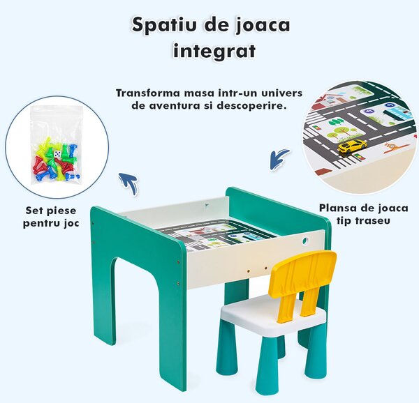 Măsuță multifuncțională pentru copii, folosita la activitati creative, construit modular cu blocuri, depozitare, desenat, colorat, din lemn mdf, scaun inclus, 57x57x45, 3-6 ani, onuvio® - verde