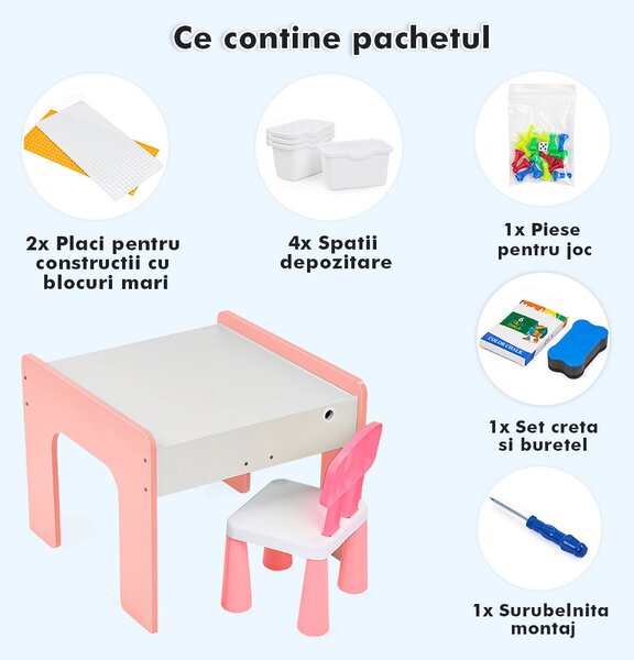 Măsuță multifuncțională pentru copii, folosita la activitati creative, construit modular cu blocuri, depozitare, desenat, colorat, din lemn mdf, scaun inclus, 57x57x45, 3-6 ani, onuvio® - roz