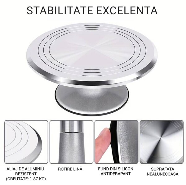 Platou rotativ onuvio® pentru ornat torturi, cofetărie și patiserie, aliaj de aluminiu, bază antiaderentă, stabil, ușor de curățat, 30 cm, 1.8 kg