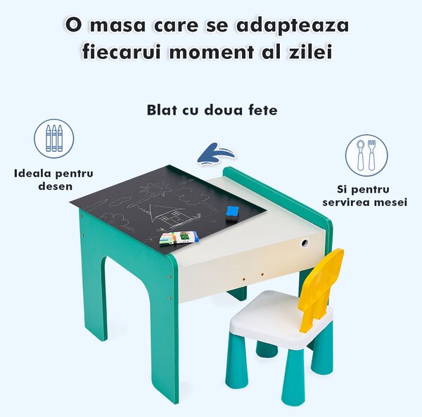 Măsuță multifuncțională pentru copii, folosita la activitati creative, construit modular cu blocuri, depozitare, desenat, colorat, din lemn mdf, scaun inclus, 57x57x45, 3-6 ani, onuvio® - verde