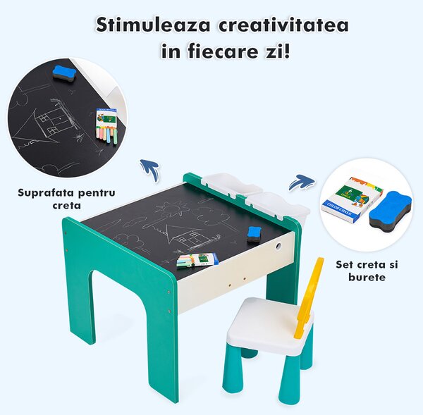 Măsuță multifuncțională pentru copii, folosita la activitati creative, construit modular cu blocuri, depozitare, desenat, colorat, din lemn mdf, scaun inclus, 57x57x45, 3-6 ani, onuvio® - verde