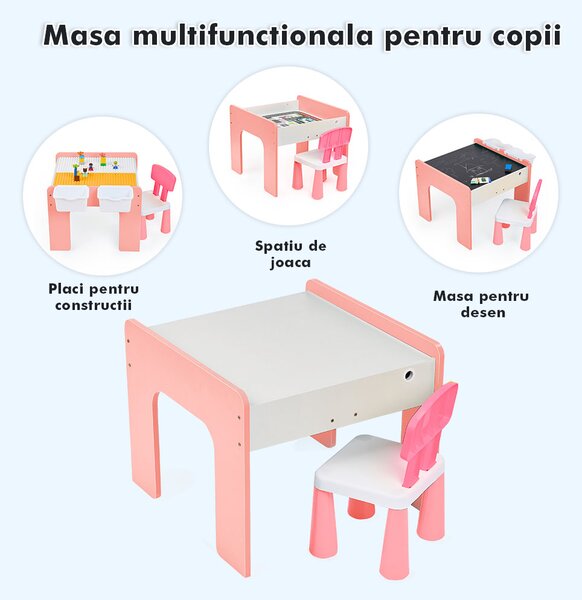 Măsuță multifuncțională pentru copii, folosita la activitati creative, construit modular cu blocuri, depozitare, desenat, colorat, din lemn mdf, scaun inclus, 57x57x45, 3-6 ani, onuvio® - roz