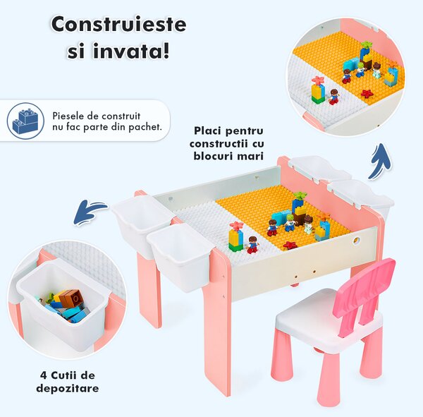 Măsuță multifuncțională pentru copii, folosita la activitati creative, construit modular cu blocuri, depozitare, desenat, colorat, din lemn mdf, scaun inclus, 57x57x45, 3-6 ani, onuvio® - roz