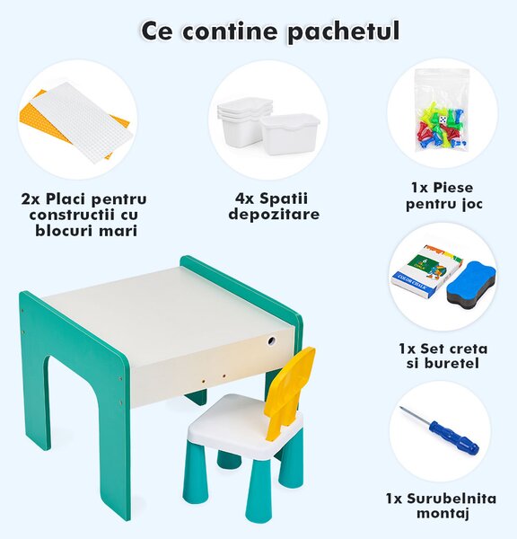 Măsuță multifuncțională pentru copii, folosita la activitati creative, construit modular cu blocuri, depozitare, desenat, colorat, din lemn mdf, scaun inclus, 57x57x45, 3-6 ani, onuvio® - verde