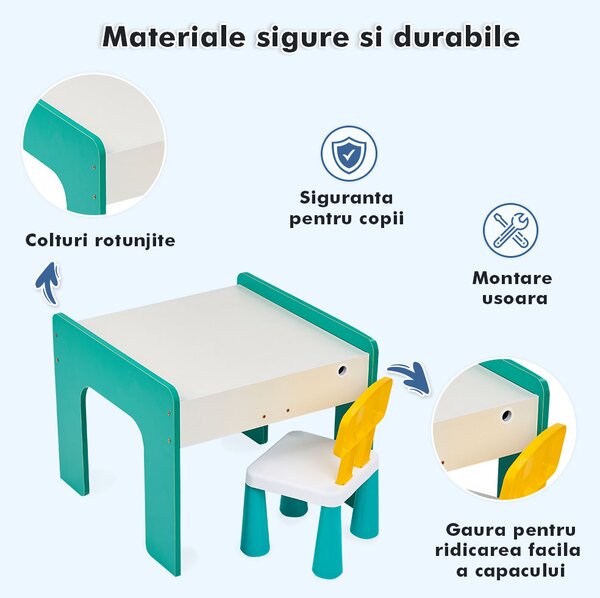 Măsuță multifuncțională pentru copii, folosita la activitati creative, construit modular cu blocuri, depozitare, desenat, colorat, din lemn mdf, scaun inclus, 57x57x45, 3-6 ani, onuvio® - verde