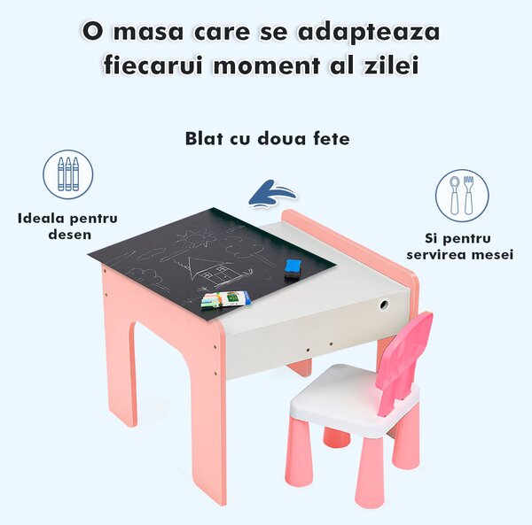 Măsuță multifuncțională pentru copii, folosita la activitati creative, construit modular cu blocuri, depozitare, desenat, colorat, din lemn mdf, scaun inclus, 57x57x45, 3-6 ani, onuvio® - roz