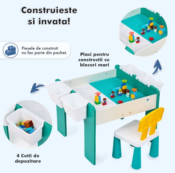 Măsuță multifuncțională pentru copii, folosita la activitati creative, construit modular cu blocuri, depozitare, desenat, colorat, din lemn mdf, scaun inclus, 57x57x45, 3-6 ani, onuvio® - verde
