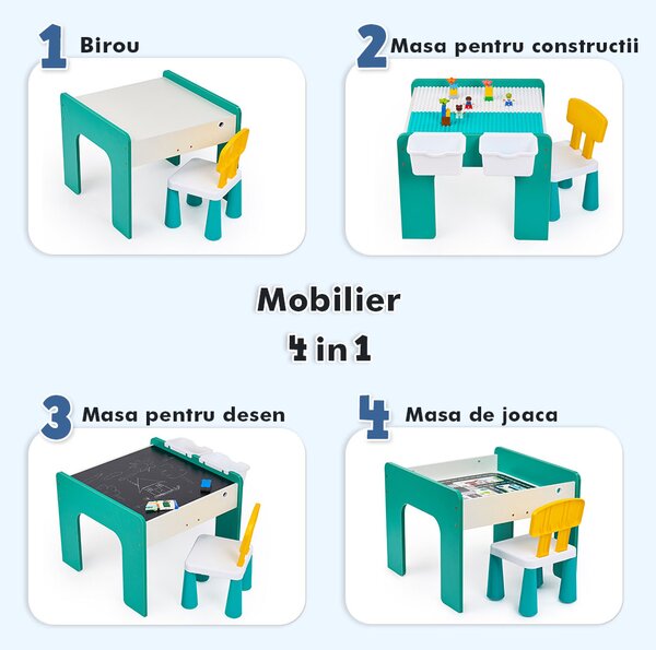 Măsuță multifuncțională pentru copii, folosita la activitati creative, construit modular cu blocuri, depozitare, desenat, colorat, din lemn mdf, scaun inclus, 57x57x45, 3-6 ani, onuvio® - verde