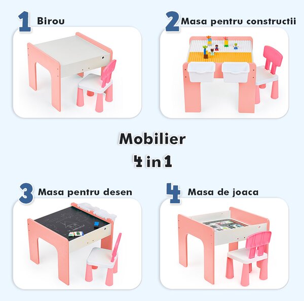 Măsuță multifuncțională pentru copii, folosita la activitati creative, construit modular cu blocuri, depozitare, desenat, colorat, din lemn mdf, scaun inclus, 57x57x45, 3-6 ani, onuvio® - roz