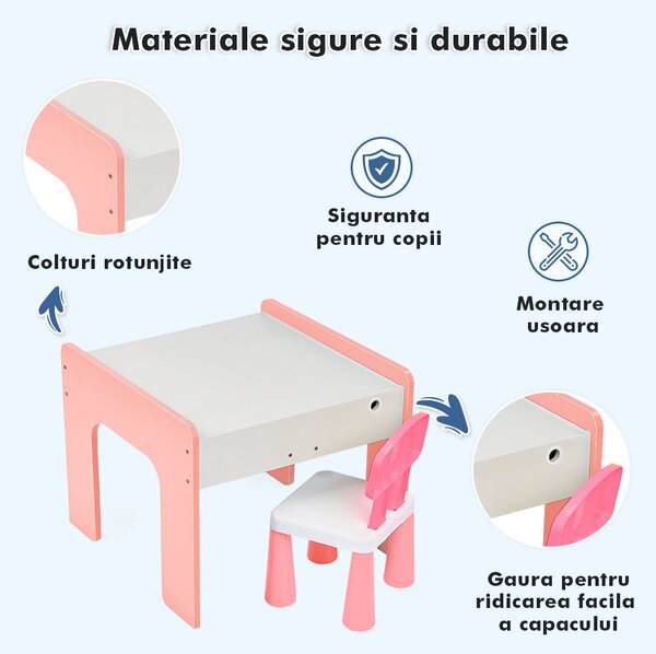 Măsuță multifuncțională pentru copii, folosita la activitati creative, construit modular cu blocuri, depozitare, desenat, colorat, din lemn mdf, scaun inclus, 57x57x45, 3-6 ani, onuvio® - roz