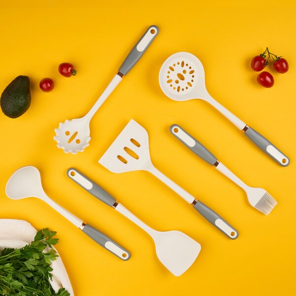 Set 6 ustensile bucătărie din silicon cu suport de blat tip cârlig – termorezistente, antiaderente și fără bpa, onuvio® - alb