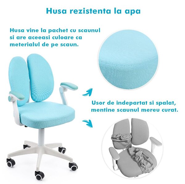 Scaun ergonomic onuvio® reglabil pentru clasele primare - invățarea poziției corecte la birou, suport pentru picioare, manere rabatabile, material rezistent la uzură, murdărie și lichide, cu r