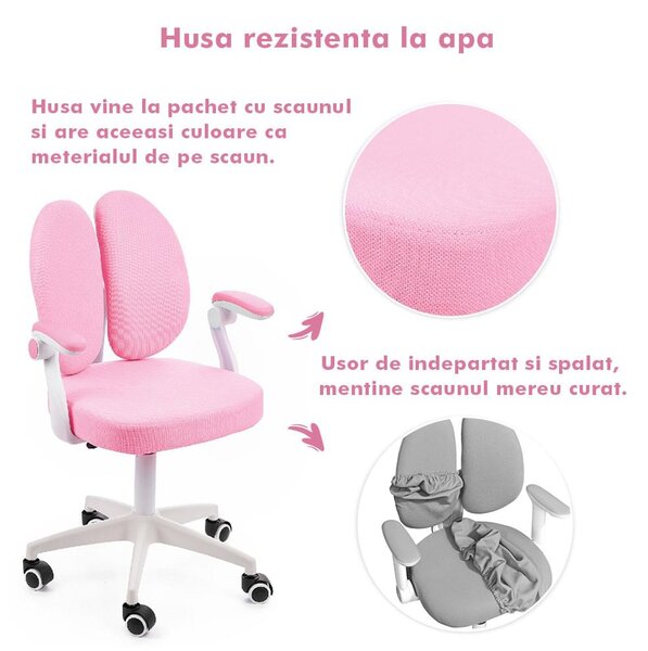 Scaun ergonomic onuvio® reglabil pentru clasele primare - invățarea poziției corecte la birou, suport pentru picioare, manere rabatabile, material rezistent la uzură, murdărie și lichide, cu r