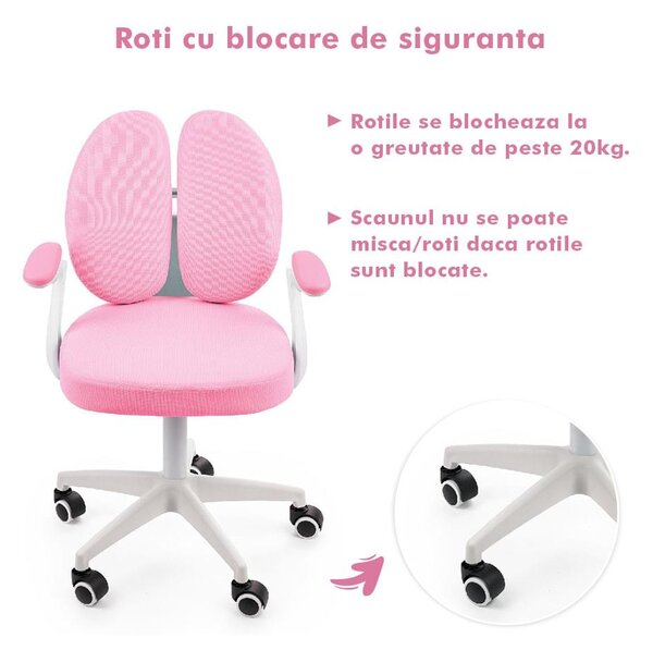 Scaun ergonomic onuvio® reglabil pentru clasele primare - invățarea poziției corecte la birou, suport pentru picioare, manere rabatabile, material rezistent la uzură, murdărie și lichide, cu r