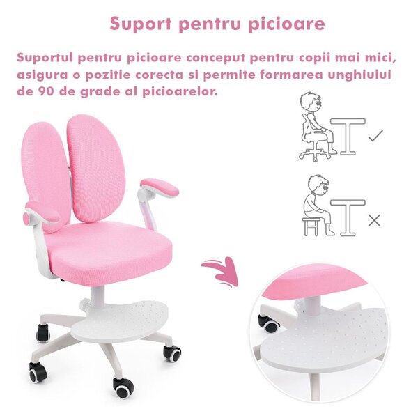 Scaun ergonomic onuvio® reglabil pentru clasele primare - invățarea poziției corecte la birou, suport pentru picioare, manere rabatabile, material rezistent la uzură, murdărie și lichide, cu r
