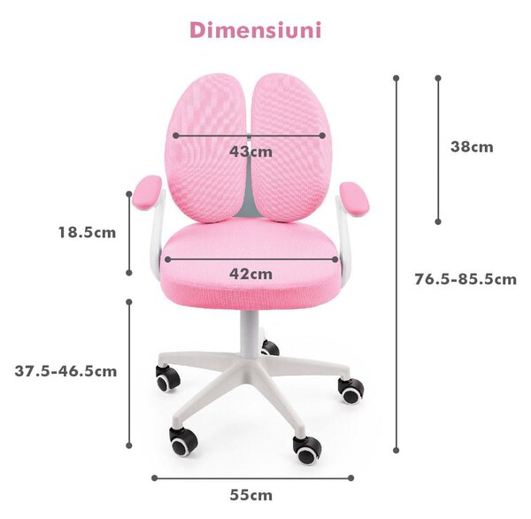 Scaun ergonomic onuvio® reglabil pentru clasele primare - invățarea poziției corecte la birou, suport pentru picioare, manere rabatabile, material rezistent la uzură, murdărie și lichide, cu r