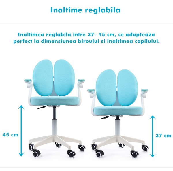 Scaun ergonomic onuvio® reglabil pentru clasele primare - invățarea poziției corecte la birou, suport pentru picioare, manere rabatabile, material rezistent la uzură, murdărie și lichide, cu r
