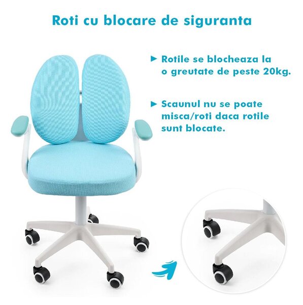Scaun ergonomic onuvio® reglabil pentru clasele primare - invățarea poziției corecte la birou, suport pentru picioare, manere rabatabile, material rezistent la uzură, murdărie și lichide, cu r