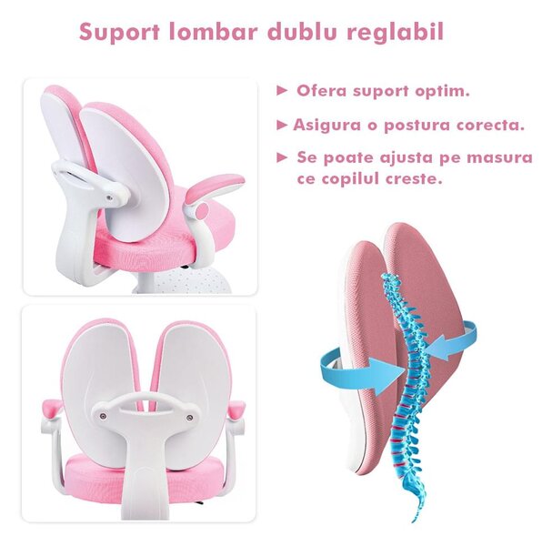Scaun ergonomic onuvio® reglabil pentru clasele primare - invățarea poziției corecte la birou, suport pentru picioare, manere rabatabile, material rezistent la uzură, murdărie și lichide, cu r