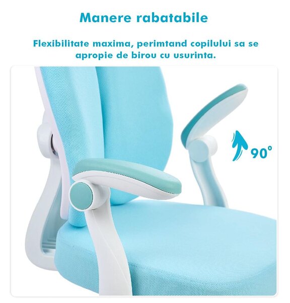 Scaun ergonomic onuvio® reglabil pentru clasele primare - invățarea poziției corecte la birou, suport pentru picioare, manere rabatabile, material rezistent la uzură, murdărie și lichide, cu r