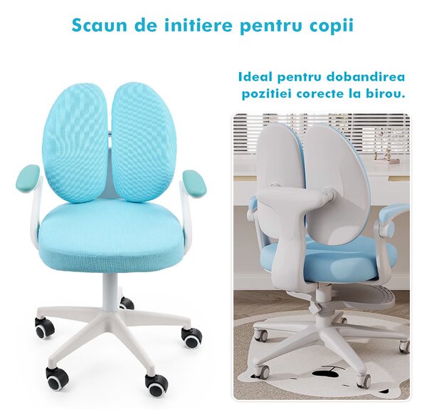Scaun ergonomic onuvio® reglabil pentru clasele primare - invățarea poziției corecte la birou, suport pentru picioare, manere rabatabile, material rezistent la uzură, murdărie și lichide, cu r